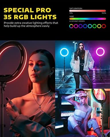 Kaiess 10.2" Selfie Ring Light with 65" Adjustable Tripod Stand & Phone Holder for Live Stream/Makeup, Upgraded Dimmable LED Ringlight for Tiktok/YouTube/Zoom Meeting/Photography (RGB) - Image 3