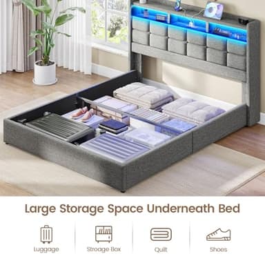 Driftalia Lift Up Full Size Bed Frame with Storage, Upholstered Full Bed Frame with LED Lights Headboard and Charging Station, No Box Spring Needed, Easy Assembly - Light Grey - Image 5
