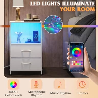 WLIVE White Night Stand with Charging Station, LED Nightstand with 2 Fabric Drawers and Storage Shelf, Dorm Bedside Table End Table with 2 USB Ports and Outlets, Small Dresser for Bedroom - Image 4