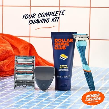 Dollar Shave Club | The Member Exclusive Shave Set | 4 Swift Rinse Refill Cartridges, 1 Handle (Blue), 1 Shave Butter 3 ounce, 1 Razor Cover, Razors for Men - Image 3
