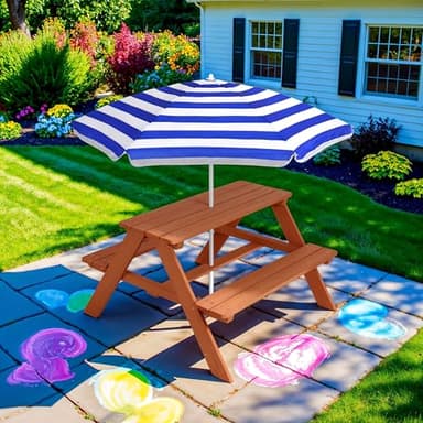 Best Choice Products Kids Wooden Picnic Table, Outdoor Activity & Dining Table w/Adjustable Collapsible Umbrella, Built-in Seats - Golden Brown/Navy - Image 2