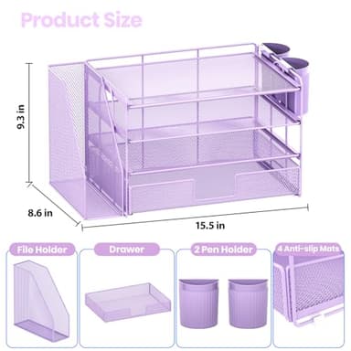 OPNICE Desk Organizer and Accessories, 4-Tier Desktop File Organizer with Drawer and 2 Pen Holders, Office Desk Accessories for Office Supplies(Purple) - Image 4