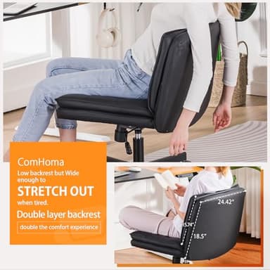 COMHOMA Cross Legged Office Chair with Wheels Armless Office Desk Chair, Modern Vanity Computer Task Chairs for Home Bedroom, Comfortable Wide Seat for Lower Back Pain Relief, PU Leahter, Black - Image 5