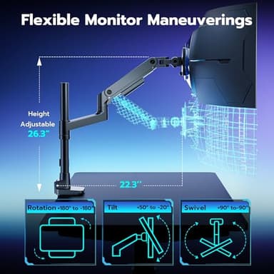 ARES WING Heavy-Duty Monitor Mount for 17-49 inches Ultrawide Curved Flat Monitors, Holds 44lbs, with 18" Extended Column for Desk, Adjustable Gas Spring, Black - Image 5