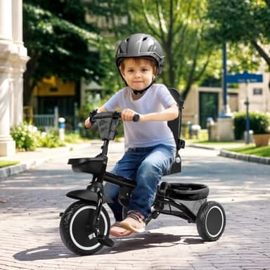 Kinder King Kids Tricycle, 8 in 1 Folding Toddler Trike w/Adjustable Push Handle, Rotatable Seat, Adjustable Canopy, Bell, Five-Point Harness, Storage, Toddler Stroller Bike for Age 6 Months+, Grey - Image 7