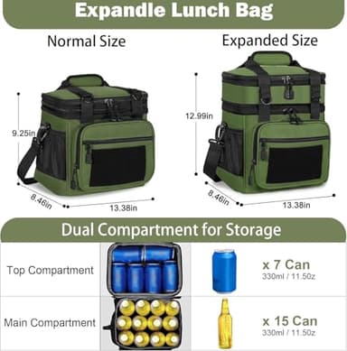GLENKEY Double Deck Insulated Lunch Box, Expandable Xlarge Lunch Bag Leakproof Cooler Bag Lunch Pail for Men Women Adults Work Shifts Travel Daytrip,22L,Army Green - Image 3