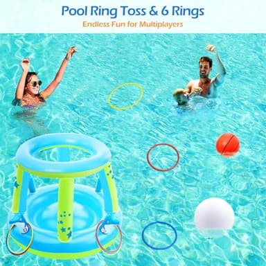 Jasonwell Pool Toys Games Set - 3 in 1 Pool Volleyball Net Basketball Hoop Ring Toss Game Inflatable Floats Water Floating Volleyball Swimming Pools Party Game Accessories Toy Gift Kids Teens Adults - Image 4