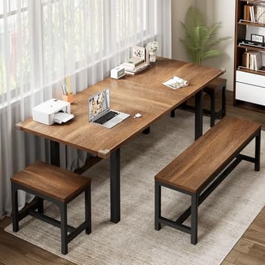 Feonase 5-Piece Dining Table Set for 4-8 People, 63" Extendable Kitchen Table with 2 Benches and 2 Square Stools, Mid-Century Modern Wooden Dining Room Table, Space-Saving, Walnut - Image 8