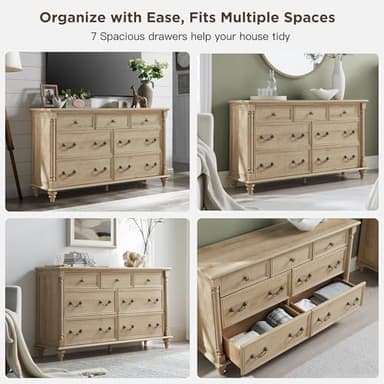 T4TREAM Farmhouse 7 Drawers Dresser Chests for Bedroom with 4 Solid Wood Feet, Tall Wide Wood Country Rustic Chest of Drawers, Storage Dressers for Bedroom, Living Room,Natural Oak - Image 4