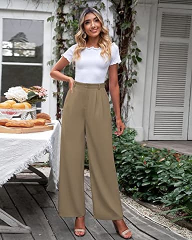GRAPENT Womens Flowy Pants Womens Wide Leg Trousers Elastic Summer Pants Women Flowy Dress Pants Old Money Clothes Women Business Casual Brown Trousers Color Khaki Size Large Size 12 Size 14 - Image 4