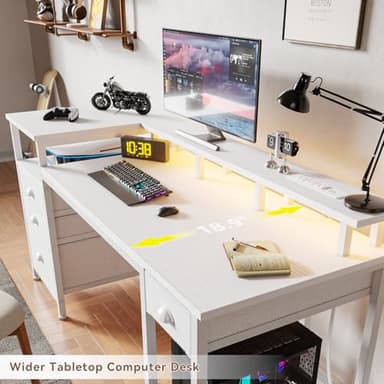 Furologee 60" White Office Computer Desk with 4 Drawers,Gaming Desk with LED Lights and Power Outlets,Long Desk with Fabric File Cabinet,Study Writing Work Table with Shelf for Bedroom Home Office - Image 7