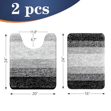 OLANLY Bathroom Rug Set 2 Piece, Soft Absorbent Microfiber Bath Mats and U-Shaped Contour Toilet Rug, Non-Slip, Machine Wash Dry, Plush Shaggy Bath Mats for Bathroom (24"x16"+24"x20", Black) - Image 2