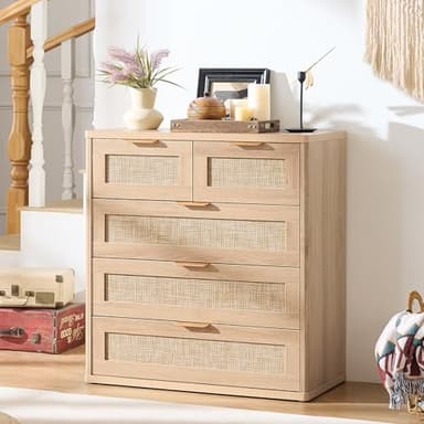 LEYAOYAO Rattan Dresser for Bedroom, 33.5" Tall Chest of Drawers, Modern 5 Drawers Boho Dressers with Storage, Light Oak Dresser Wooden Closet Organizer for Living Room, Hallway, Natural Wood - Image 8