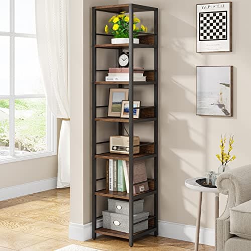 Tribesigns 6-Tier Corner Shelf, 75 Inch Tall Narrow Bookshelf Storage Rack, Etagere Shelves Display Stand for Small Spaces, Rustic Open Bookcase Square Shelf Tower for Living Room Bathroom - Image 1