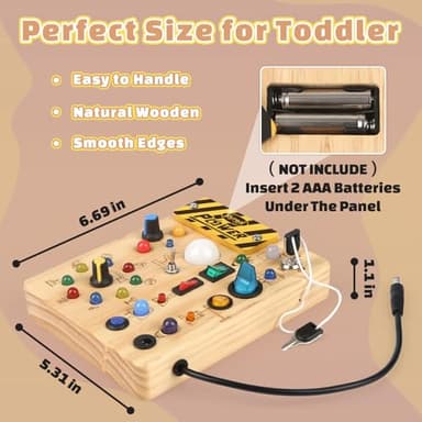 Joyreal Montessori Busy Board Wooden Sensory Toys for Toddler with LED Light Up Switch, Baby Fidget Board Travel Toys for 18+ Months, Boys Girls Birthday, Medium - Image 2