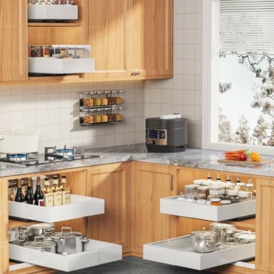 Seinloes 4 Pack Expandable (9"-14") Pull Out Cabinet Organizer 21" Deep With Raising Pad for Framed Cabinets,Upgrade 3 Slide Rails Slide Out Drawers,No Drill Roll Out Shelves Adhesive,White - Image 7