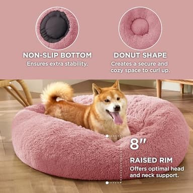Bedsure Calming Dog Bed for Medium Dogs - Donut Washable Medium Pet Bed, 30 inches Anti-Slip Round Fluffy Plush Faux Fur Cat Bed, Fits up to 45 lbs Pets, Mauve Blush - Image 3