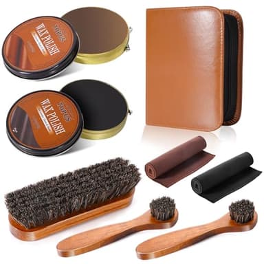 8pcs Shoe Polish Kit Including 3 Pieces Horse Hair Shoe Brushes with 6.7IN Handle, 1.4oz Black & Brown Shoe Shine, 2 Polish Cloths, Leather Shoes and Boots Care Kit with Storage Case - Image 1