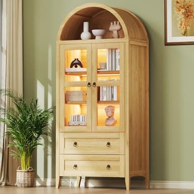 HUAHUU 71" Tall Pantry Cabinet, Arched Cabinet with LED Lights, Kitchen Storage Cabinets with 2 Large Drawers & Adjustable Shelves & Glass Door for Living Room, Kitchen, Dining Room, Natrual - Image 6