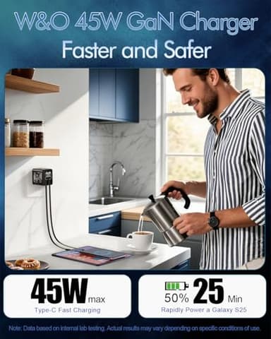 W&O 2-in-1 gan Compatible with Fast Charger,GaN Charger Fast Charging,45W Retractable Phone Charger Wall Plug with Lightening and Type-C Cables,for iPhone16/15 Series, Galaxy S25/24,Android and More - Image 4