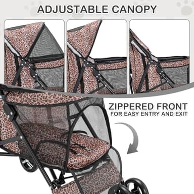 MoNiBloom 4 Wheels Pet Stroller, Easy-Fold Umbrella Shaped Dog Cat Jogger Stroller w/Storage Bag & Visible Mesh for Small/Medium Dogs Cats Leopard Print - Image 5