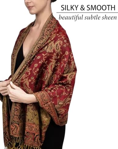 Achillea Soft Silky Reversible Paisley Pashmina Shawl Wrap Scarf w/Fringes (Burgundy) - Image 3