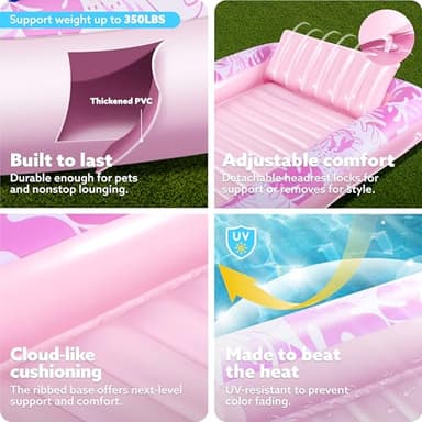 SLOOSH Inflatable Tanning Pool Lounger Float, 85" x 57" Extra Large Pool Floats Adult with Pillow, 4 in 1 Suntan Tub Raft Floatie,Sunbathing Bed Lounge for Water Blow Up Ball Pit, XL-Blushing Pink - Image 5