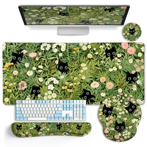 LIMKRIAN Cat Ergonomic Mouse Pad with Wrist Rest Desk Mat Set, Green Gaming Mouse Pad Wrist Support, Keyboard Mat Wrist Rest Cup Coaster Funny Office Decor - Image 1