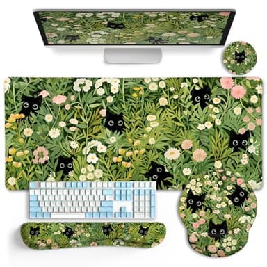 LIMKRIAN Cat Ergonomic Mouse Pad with Wrist Rest Desk Mat Set, Green Gaming Mouse Pad Wrist Support, Keyboard Mat Wrist Rest Cup Coaster Funny Office Decor - Image 1