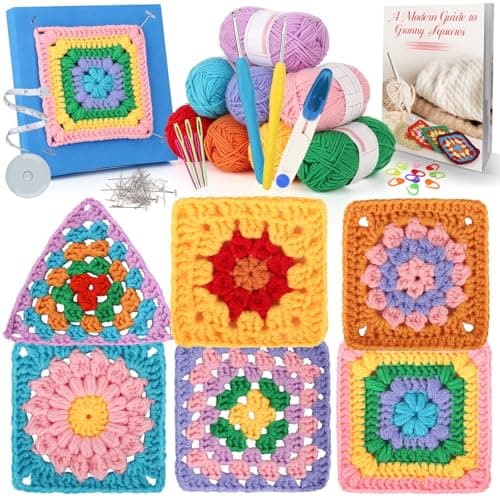 Coopay Crochet Kit Beginners for 6 Types Granny Squares, Starter Knitting Kit with Instructions & 8PCS Yarn, Crochet Start Kit for Adults Learn to Crochet Granny Square Coasters, Table Runners, ect - Image 1