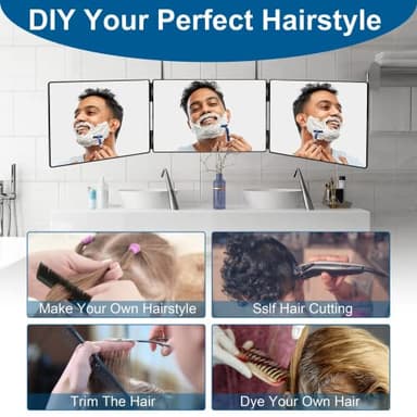 LMZNXCZ with LED Lights 3 Way Mirror for Self Hair Cutting,360 Haircuts Mirror Men for Barber Use Tools,to See Back of Head,Tri Fold with Portable Height Adjustable Telescoping Hooks - Image 2