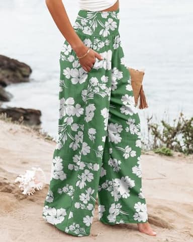 Angerella Pants for Women Ladies Casual Loose Wide Leg Cozy Palazzo Pants Comfy High Waisted Yoga Pants with Pocket GreenWhite S - Image 4