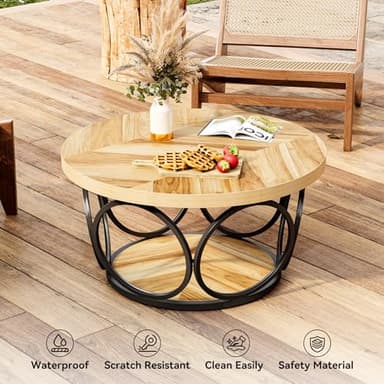 LITTLE TREE Coffee Table for Living Room, 31.5" Round Wood Center Table, Farmhouse Large Circle Coffee Tables with 2-Tier Storage, Modern Simple Brown Tea Table - Image 5