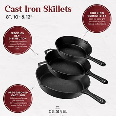 Cuisinel Cast Iron Skillet Set - 8" + 10" + 12"-Inch Pre-Seasoned Frying Pans + Silicone Handle Grip Covers - Use Indoor/Outdoor, Oven, Grill, Stove, BBQ, Fire, Induction - Kitchen/Camping Cookware - Image 4