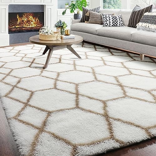 ONASAR Large Area Rugs for Living Room, 7x10 White and Beige Bedroom Rug, Washable Geometric Boho Soft Plush Shaggy Fuzzy Floor Carpet Mat for Nursery Kids Girls Boys Teen Dorm Home Decor - Image 1