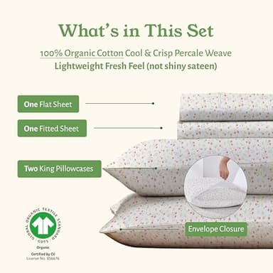 California Design Den King Floral Sheet Set, 100% Organic Cotton Percale Sheets, Deep Pocket King Sheets & Pillowcase Set - Floral - Image 3