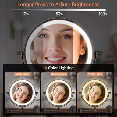 Rechargeable Wall Mounted Lighted Makeup Vanity Mirror 8 Inch Double Sided 1X 10X Magnifying Bathroom Mirror, 3 Color Lighting, Touch Dimming, Extended Arm 360 Rotation Light up Mirror Antique Bronze - Image 4