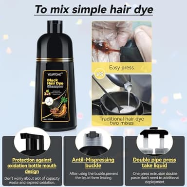 YOURTONE Black Hair Dye Shampoo Instant & Easy 3-in-1 Hair Color Solution for Men and Women - Herbal Formula, Ammonia-free, Lasts 30 Days - 16.90 oz - Image 8