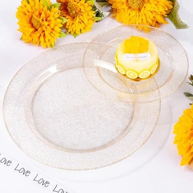 WDF 200PCS Gold Plastic Plates - Gold Glitter Plastic Plates - Heavy Duty Gold Glitter Disposable Plates - Include 100 Dinner Plates 10" and 100 Dessert Plate 7" for Parties/Wedding - Image 6