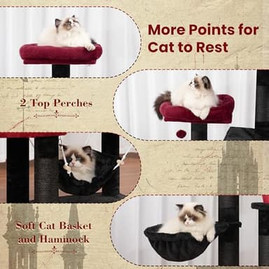 Gitelsnour Cat Tree for Indoor Cats, 71'' (180cm) Multi-Level Cat Tower for Large Adult, Gothic Sturdy Cat Tree House with 2 Scratching Boards 7 Posts, 2 Plush Perches/Condos, Hammock, Black GCT032BR - Image 5
