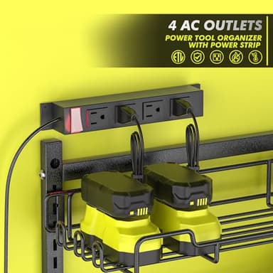 Amoowis Power Tool Organizer with Charging Station, 4 Outlet Power Strip, 5 Min Fast Assembly ＆ Max 35lb by Heavy Duty 2 Pack, 8 Slots for Drill Holder in Garage/Pegboard Suitable for Husband Birthday - Image 2