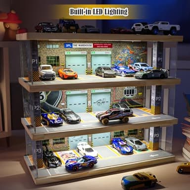 Saichotoy Storage for Hot Wheels: Toy Car Parking Garage Diorama with Lights - Freestanding Display Case for 1/64 Scale Diecast Cars with 4 Levels 24 Spots Maximum 40 Cars - Image 4