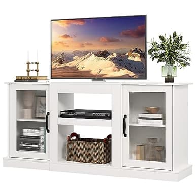 WLIVE Retro TV Stand for 65 inch TV, TV Console Cabinet with Storage, Open Shelves Entertainment Center for Living Room and Bedroom, White - Image 1