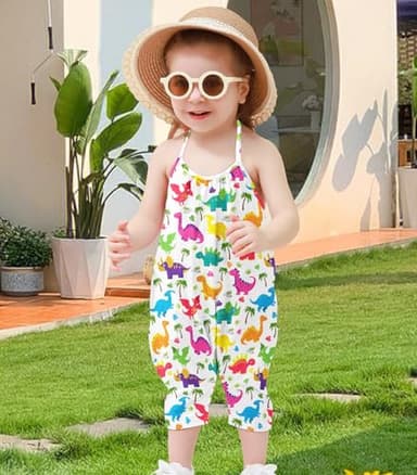 Lindanina Toddler Girl Jumpsuits Romper Summer Outfit Clothes Backless Halter Cute Cartoon Dinosaur 12-24 Months Sleeveless One Piece Overalls Photoshoots with Pockets - Image 5