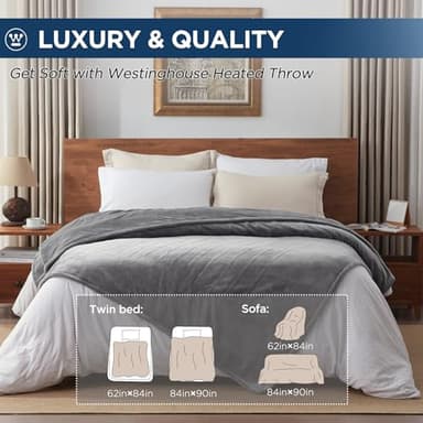 Westinghouse Electric Blanket Queen Size, Super Cozy Soft Flannel 84"" x 90"" Heated Blanket with 10 Fast Heating Levels & 1-12 Auto-Off, Machine Washable, ETL&FCC Certification, Light Grey - Image 6
