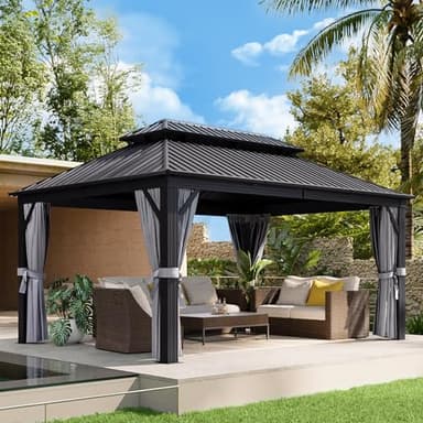 Aoxun 12FT X 16FT Hardtop Gazebo, Outdoor Pergolas with Mosquito Netting and Curtains, Galvanized Steel Double Roof Permanent Aluminum Gazebo, for Gardens, Decks, Patios, Parties - Image 9