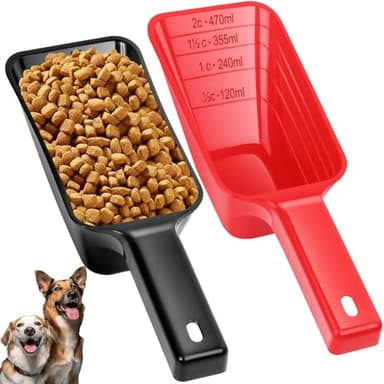2 Cup Dog Food Scoop(2 Pack), Plastic Pet Food Scoop with Measuring Lines for Accurate Pet Food Portions,Dishwasher Safe (Black and Red) - Image 1
