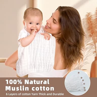 BHYTAKI 12-Pack Muslin Burp Cloths for Baby Boys & Girls, 20"X10" Essentials Large 100% Cotton Burp Rags, 6 Layers Extra Absorbent and Soft burping Cloths for Babies (White) - Image 4
