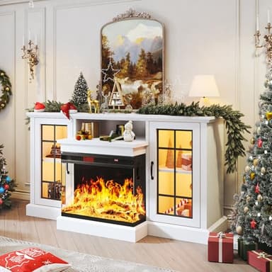 oneinmil 59'' Fireplace TV Stand, 3 Sided Glass Media Entertainment Center Console Table for TVs up to 65'' with Glass Door Adjustable Flame LED Color for Living Room, Set of TV Table, White - Image 8