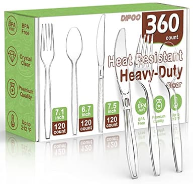 360 Count Plastic Silver Ware Heavy Duty, 120 Forks, 120 Spoons, 120 Knives, Heat Resistant & BPA Free Disposable SilverWare, Disposable Cutlery set, Premium Clear Utencils for Party Supply - Image 1